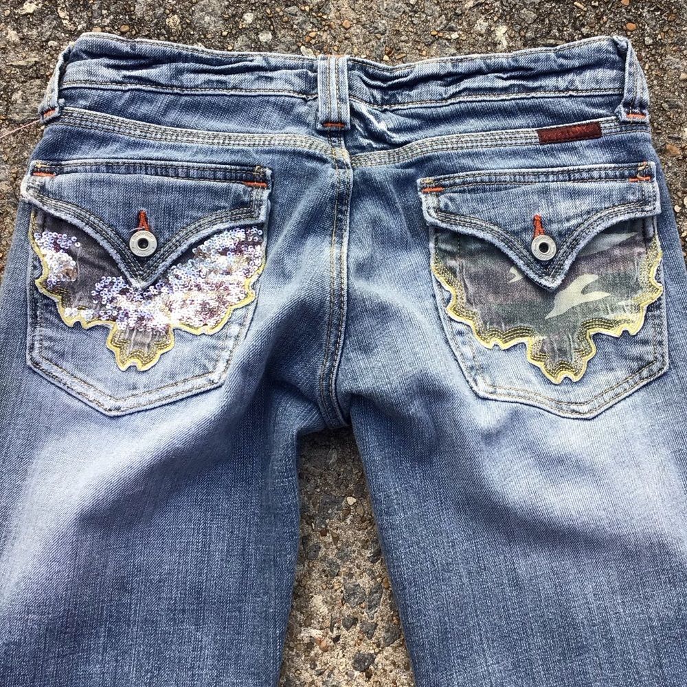 RARE Y2K Miss Me Jeans Camo Flap Pocket Distressed Low Rise Bootcut Jeans